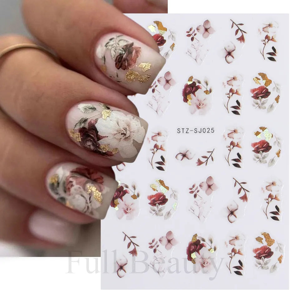 3D Fall Nail Stickers Gold Leaf Cotton Flowers Transfer Decals Nail Adhesive Sliders Manicure 2022 Autumn Decorations TRSTZ-SJ