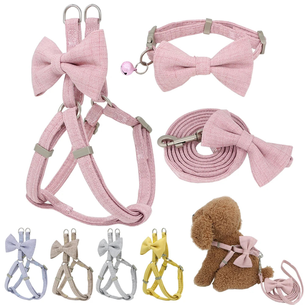 Dog Harness Leash Collar Set Adjustable Soft Cute Bow Double Layer Cat Harness for Small Medium Pet Collar Leash Outdoor Walking