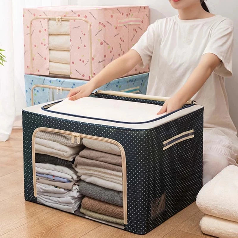 Oxford Fabric Clothing Storage Box with Steel Frame Folding Bag Clear Window Zipper for Clothes Bed Sheets Blanket with Handles