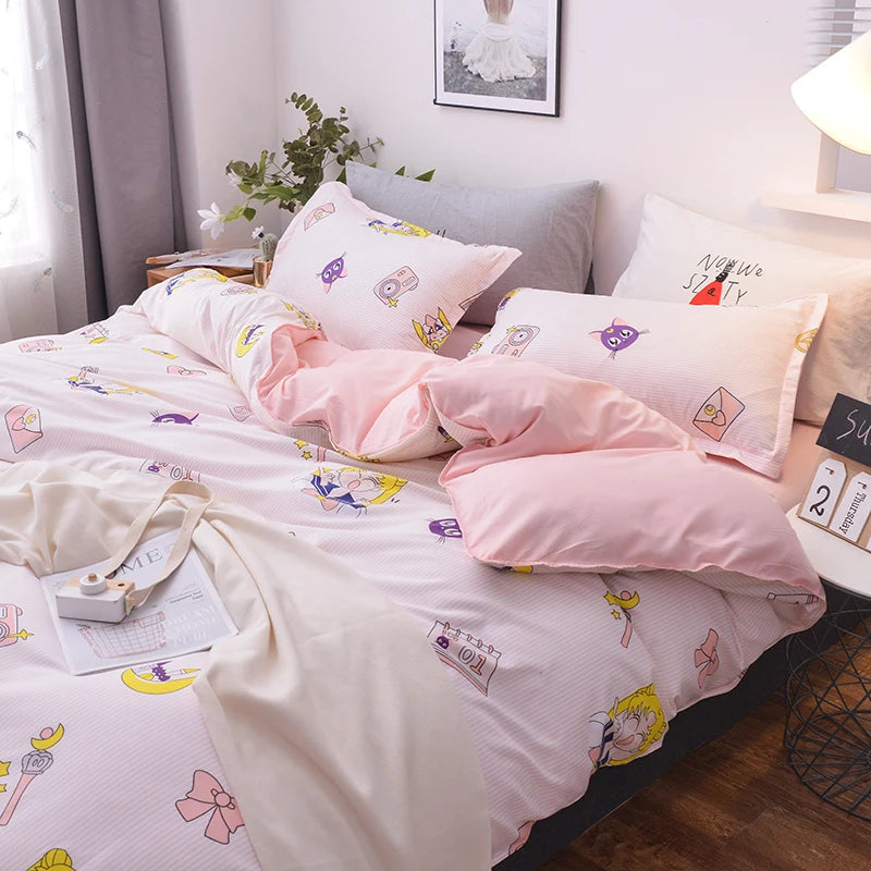 3/4pcs/set Kawaii Cotton Bedding Set For Girl Luxury Soft Duvet Cover Bed King Queen Full Twin Size Bed Sheets With pillow cases