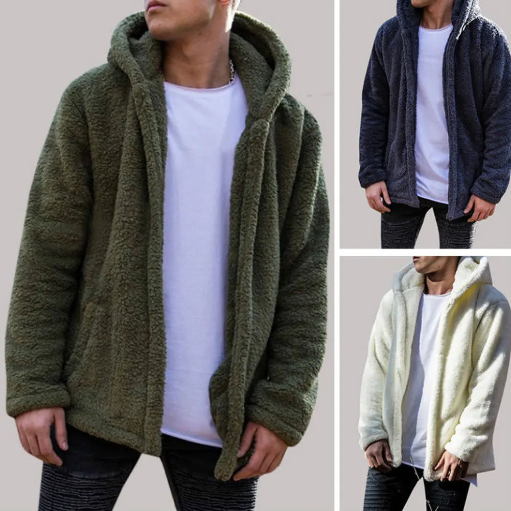 Winter Warm Men Winter Thick Hoodies Tops Fluffy Fleece Fur Jacket Hooded Coat Outerwear Long Sleeve Cardigans