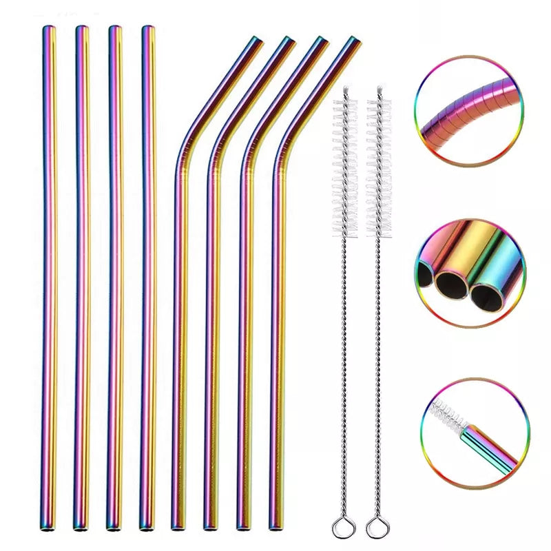 Rainbow Color Reusable Metal Straws Set with Cleaner Brush 304 Stainless Steel Drinking Straw Milk Drinkware Bar Party Accessory