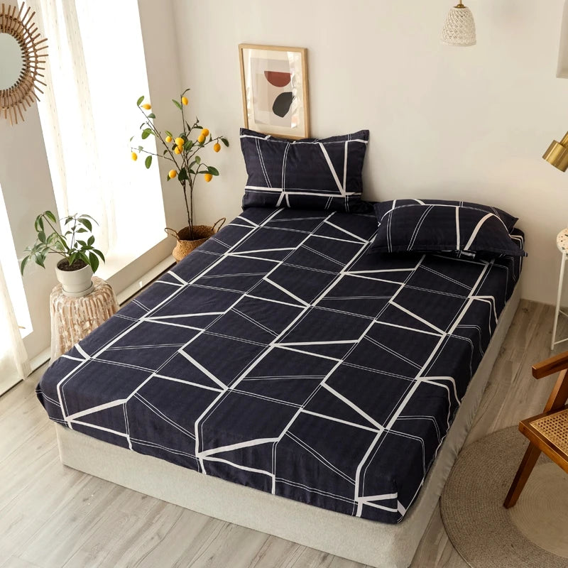 Bonenjoy 3 pcs Fitted Bed Sheets Single Bed Sheet Geometric Pattern Stitching Mattress Cover with elastic For Double Bed Sheet
