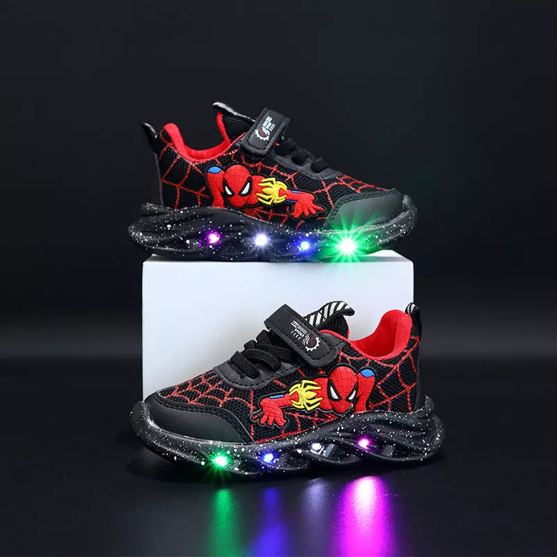 Disney LED Casual Sneakers Red Black For Spring Boys Spiderman Mesh Outdoor Shoes Children Lighted Non-slip Shoes Size 21-30