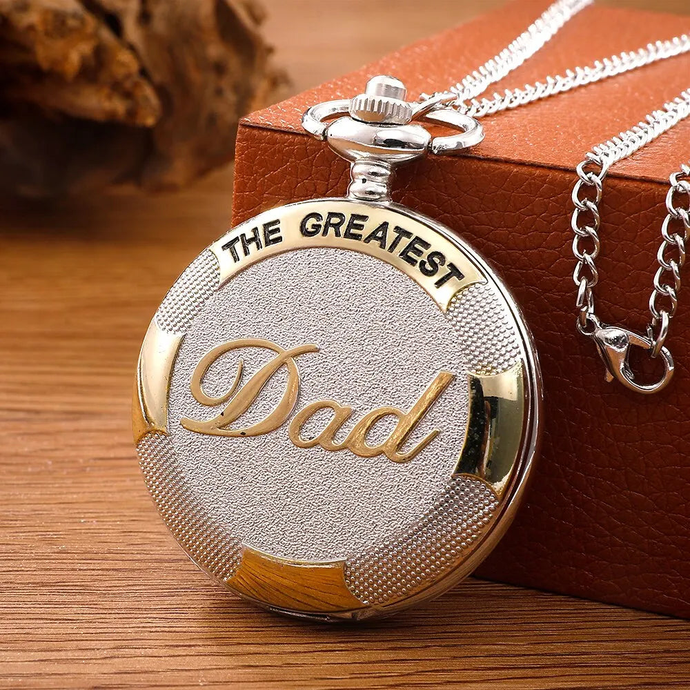 Vintage Silver Golden Luxury THE GREATEST DAD Quartz Pocket Watch Fob Chain Necklace Mens Fathers Gifts Clock Relogio De Bolso