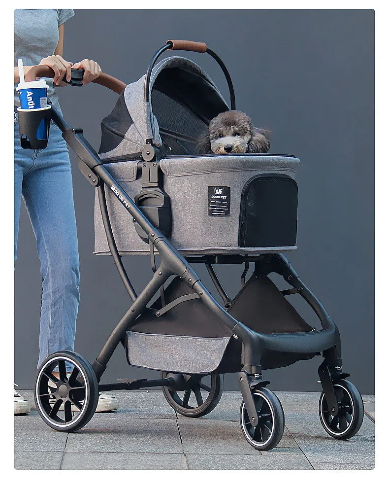 Detachable Pet Stroller Carrier for Cats/Dogs, Storage Basket for Medium Small Pets Puppy Stroller with Cup Holder, Easy Fold