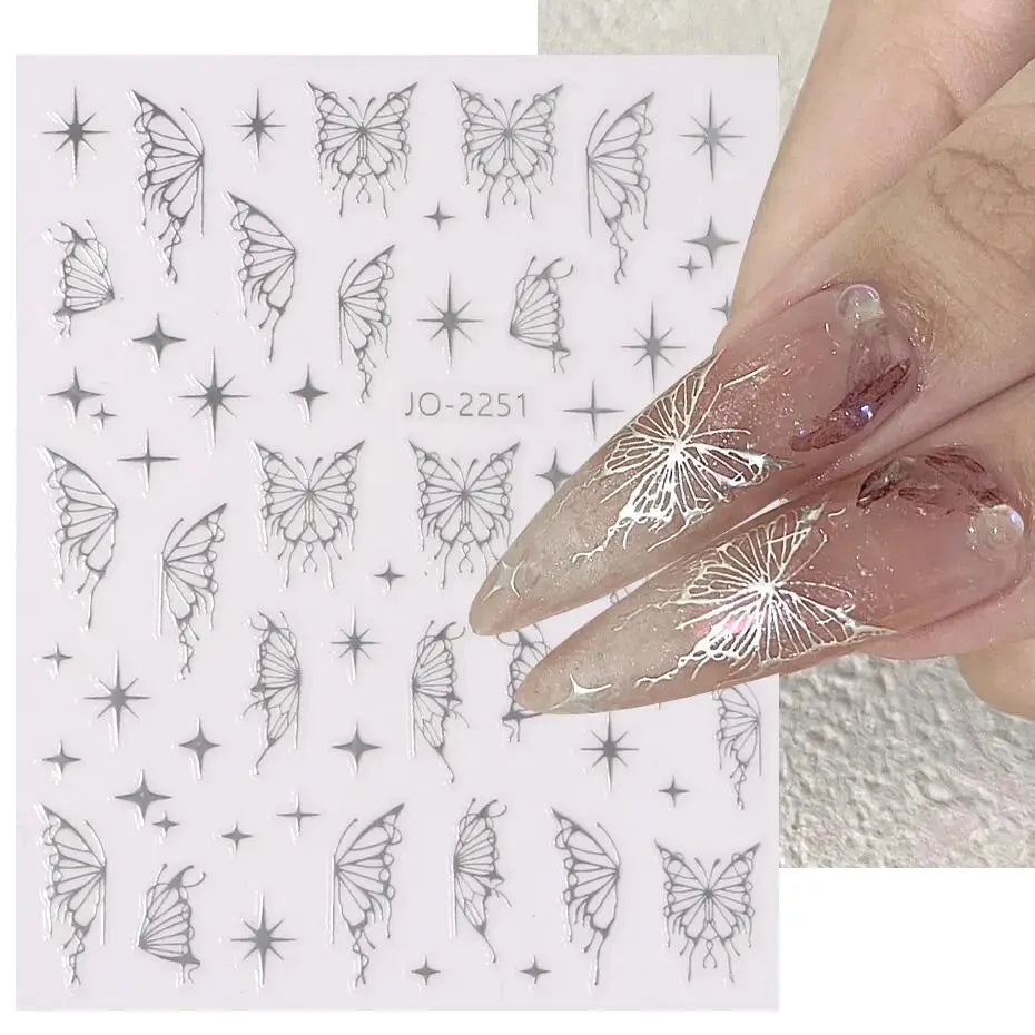Metal Mirror Butterfly Sticker for Nails Holographic Butterflies Star Adhesive Slider Wraps Spring Gel Polish Decals FBJO-2251