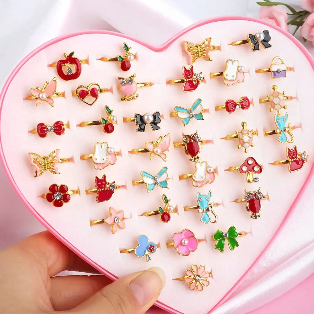 Cute Adjustable Rings for Children Girls Pretend Play Makeup Toys Cartoon Crystal Jewelry Alloy Animal Enamel Ring Gift for Girl