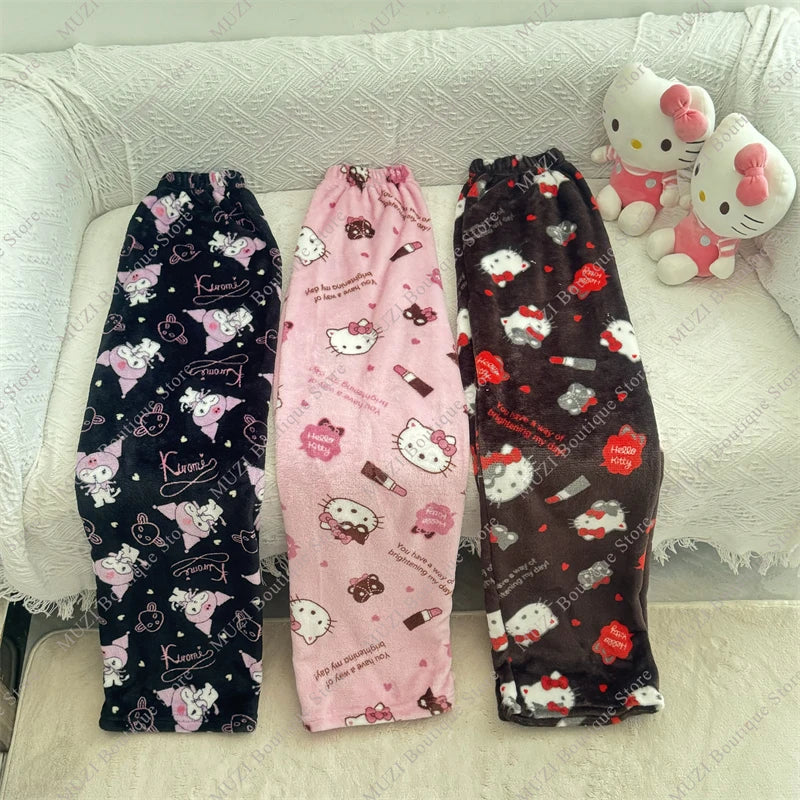 Sanrio Hello Kitty Pants Cute Cartoon Kuromi  Women Pajama Coral Velvet Elastic Soft Trousers Comfortable Girls Home Pants Gifts