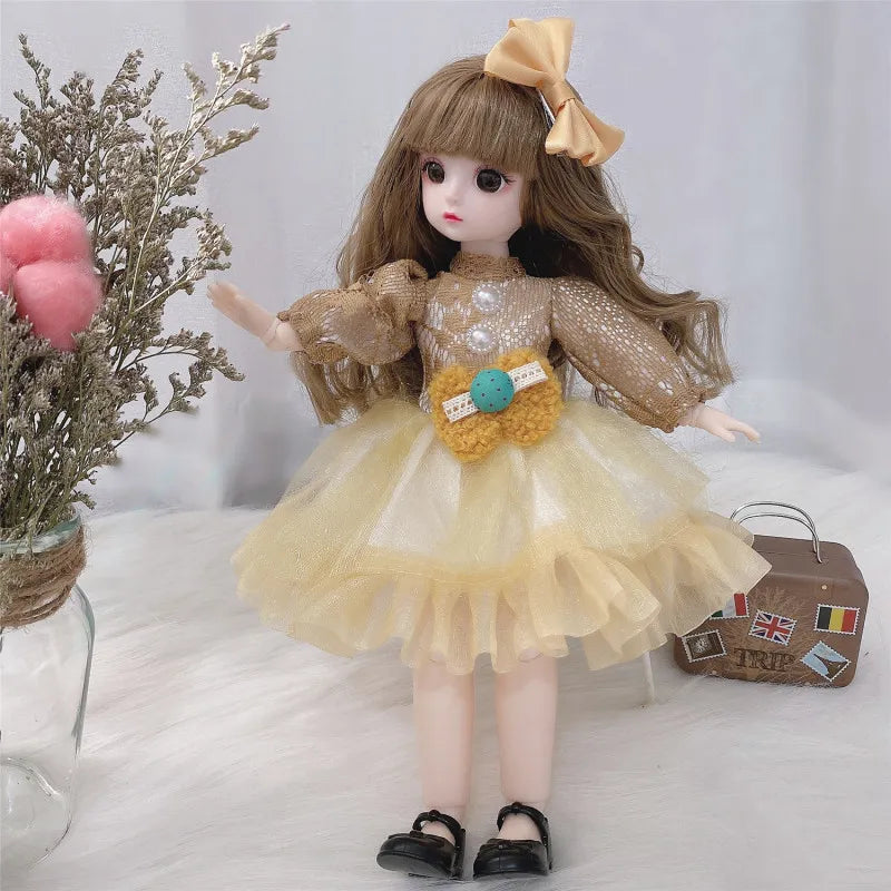 30cm Bjd Doll 12 Moveable Joints 1/6 Girl's Dress 3D Brown Eyes Toy with Clothes Shoes Kids Toys for Girl Children Gift