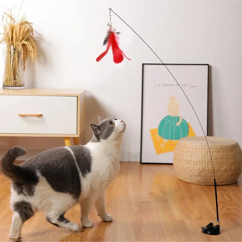 Interactive Cat Toy Handfree Cat Stick Playing Kitten Playing Teaser Wand Toy Suction Cup Bird/Feather Cat Wand Pet Supplies