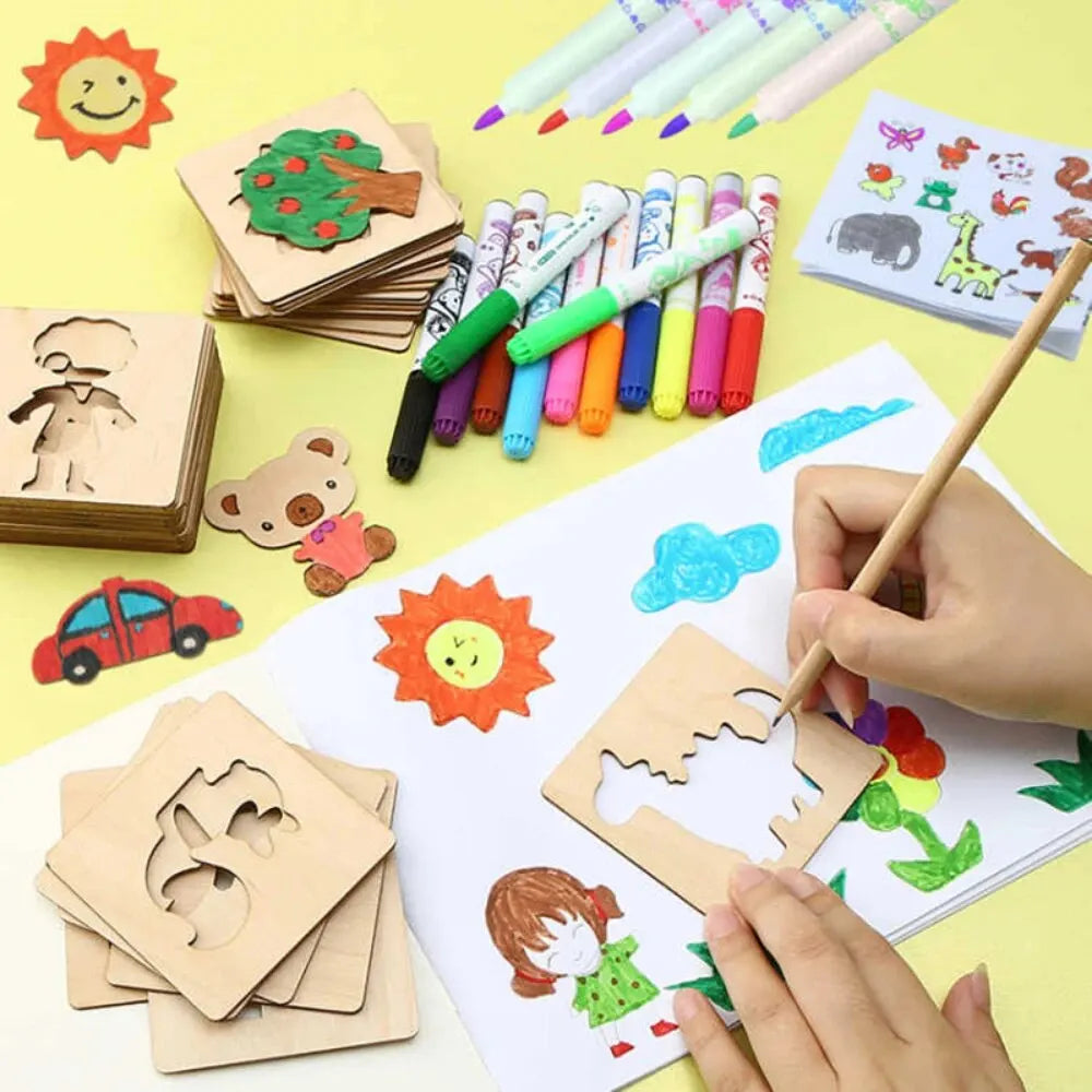 Montessori Kids Toys Drawing Toys Wooden DIY Painting Template Stencils Learning Educational Toys for Children Gift 20pcs