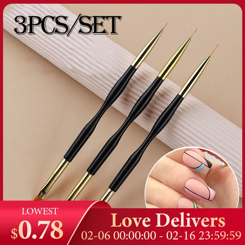 3Pcs French Stripe Nail Art Liner Brush Set Tips Ultra-thin Line Drawing Pen Dual End UV Gel Painting Brushes Manicure Tools