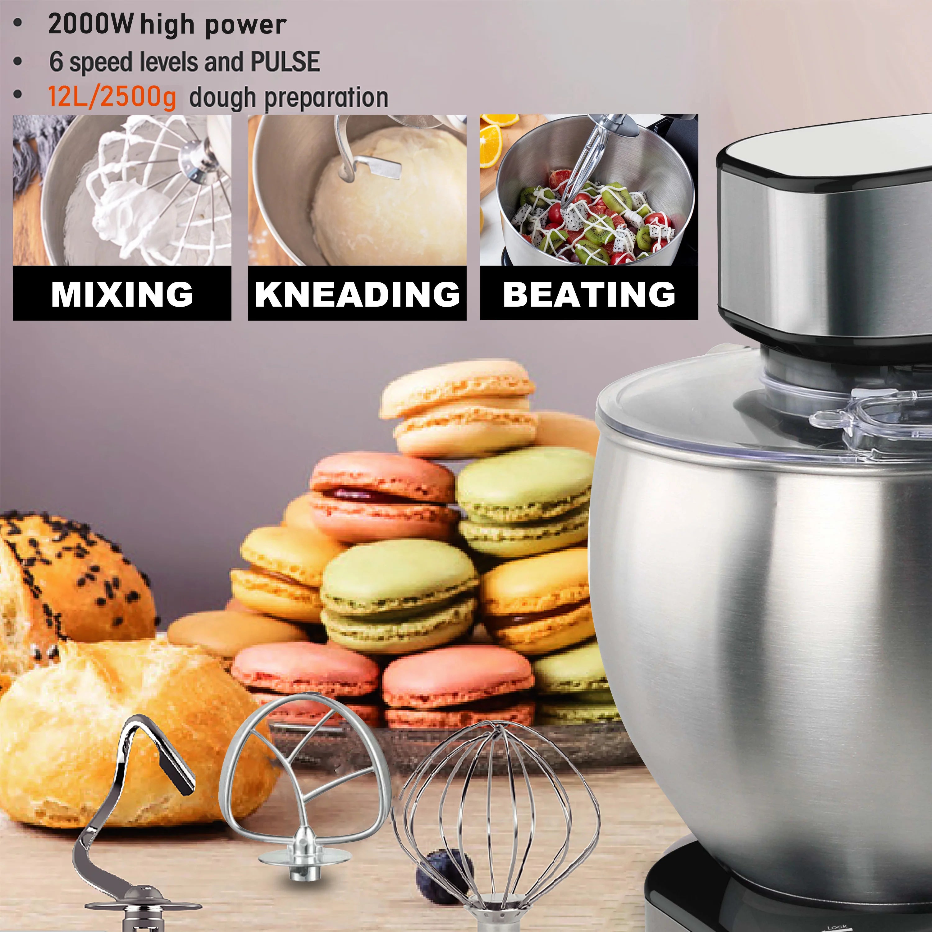 12L Stand Mixer Kitchen Aid Food Blender Cream Whisk Cake Dough Mixers With Bowl Stainless Steel Chef Machine Charm Sonifer