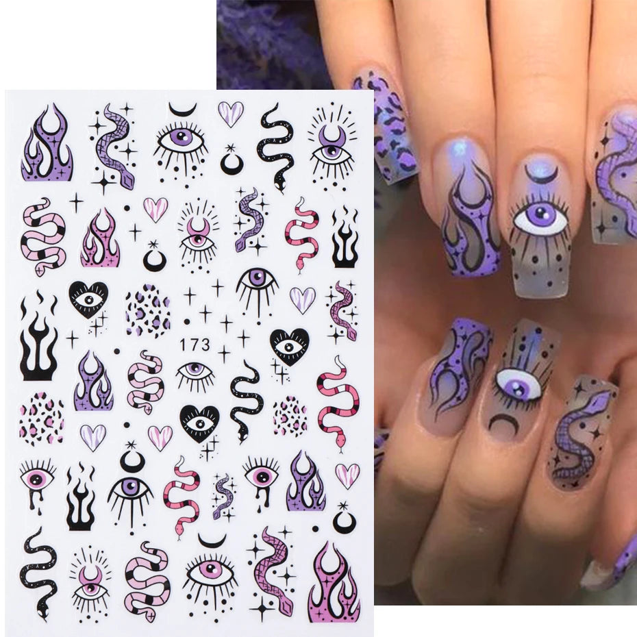 Evil Eyes 3D Nail Stickers Snake Moon Star Line Sliders For Nails Witch Design Summer Purple Decor Flame Decals Manicure