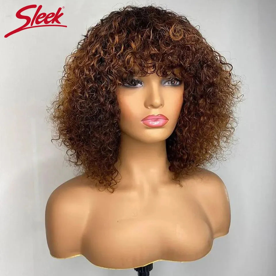 Short Pixie Bob Cut Human Hair Wigs With Bangs Jerry Curly Non lace front Wig Highlight Honey Blonde Colored Wigs For Women