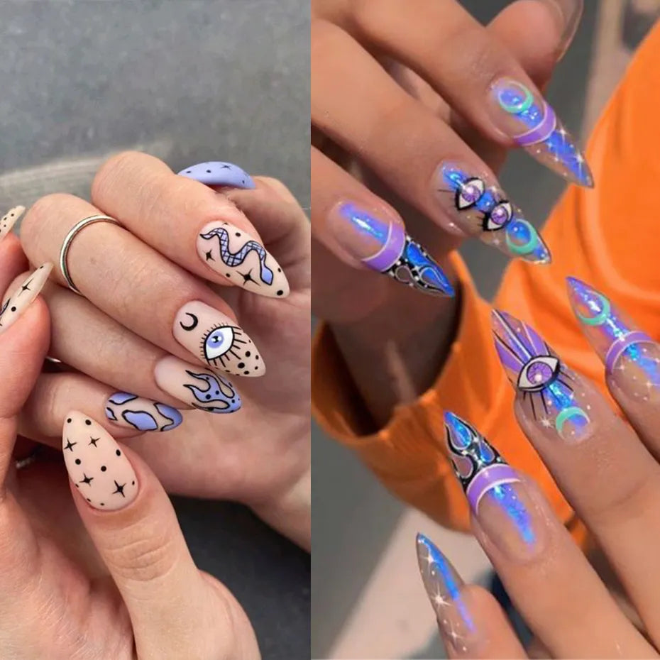 Evil Eyes 3D Nail Stickers Snake Moon Star Line Sliders For Nails Witch Design Summer Purple Decor Flame Decals Manicure