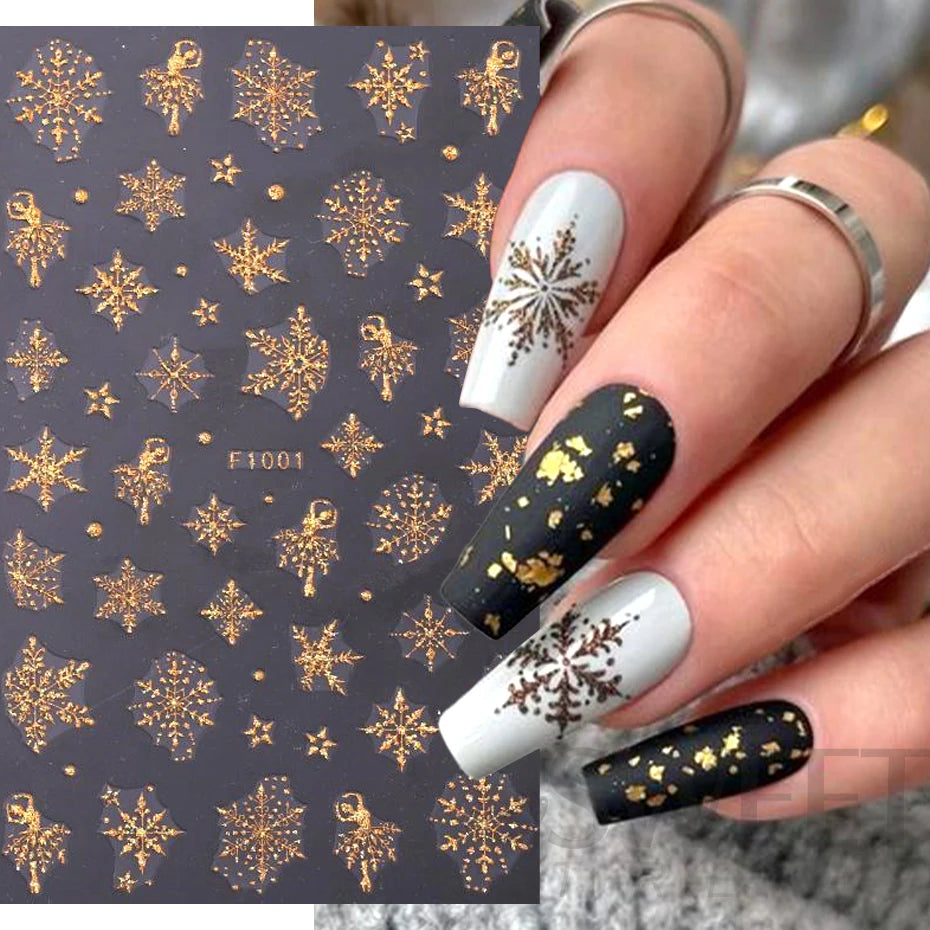 3D Gold Glitter Snowflake Nail Sticker Winter Reflective White Sweater Star Dancer Christmas Tree Foil Xmas New Year Decal Tips