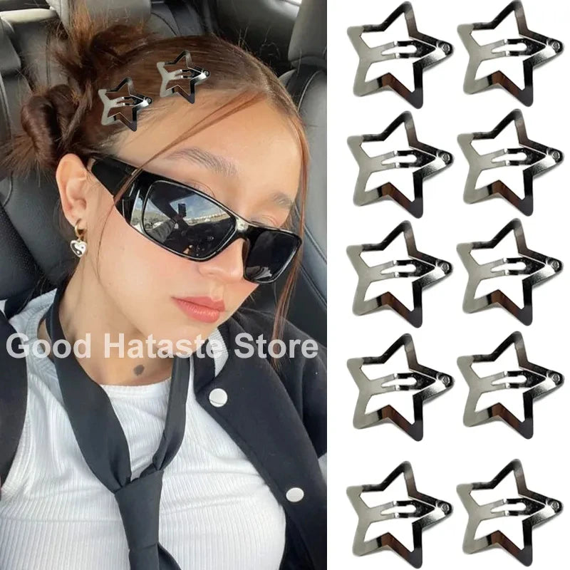 2/10Pcs Silver Star BB Hairclips Girls Y2K Cute Star Barrettes Women Simple Snap Clip Metal Headdress Jewelry Hair Accessories