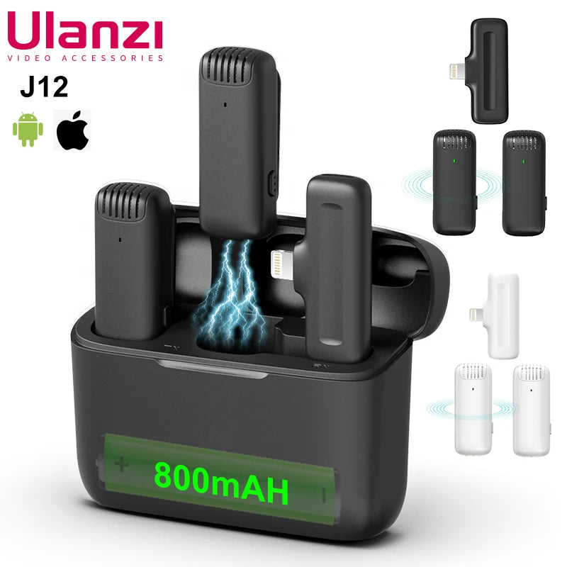 Ulanzi J12 Wireless Lavalier Microphone System Audio Video Voice Recording Mic for iPhone Or Android Mobile Phone Laptop PC Live