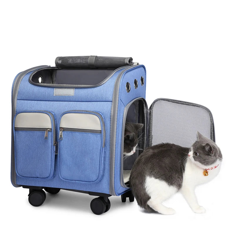 2 In 1 Large Pet Backpack Cat Stroller Pet Carrier with Wheels Portable Foldable Tie-Rod Pet Bag Cat and Dog Travel Carrier Bag