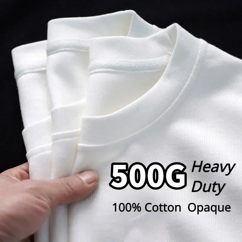 Black White GSM 500g Heavy-duty Pure Cotton T-shirt Thickened Threaded Round Neck Short Sleeves Three Needle Half Sleeve Tees