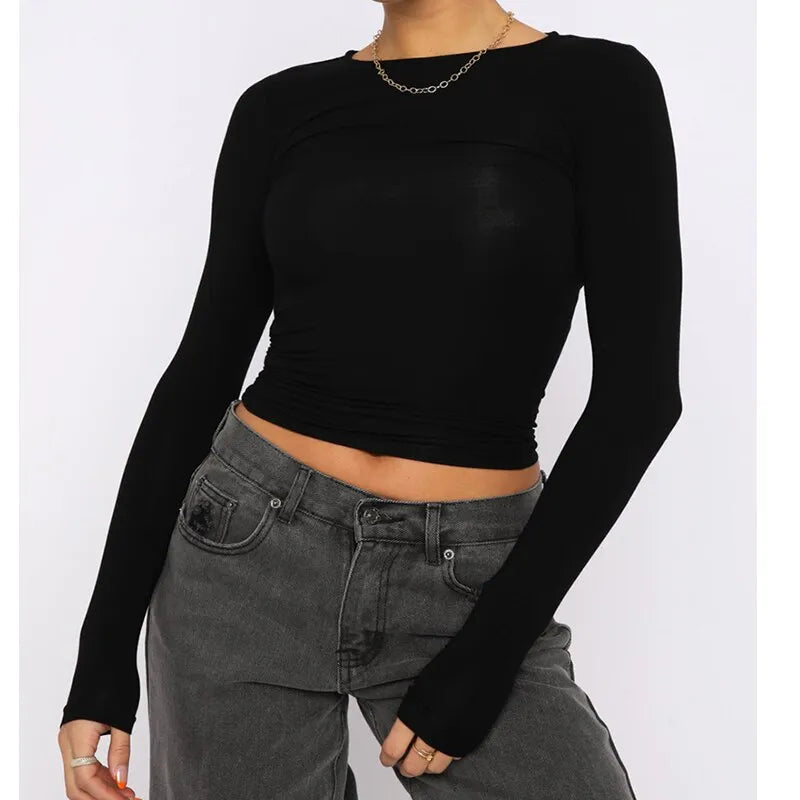 Women Autumn Slim Cropped Tops Solid Color Round Neck Long Sleeve Show Navel TShirt