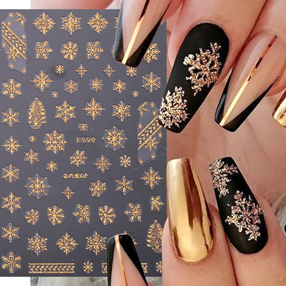 3D Gold Glitter Snowflake Nail Sticker Winter Reflective White Sweater Star Dancer Christmas Tree Foil Xmas New Year Decal Tips