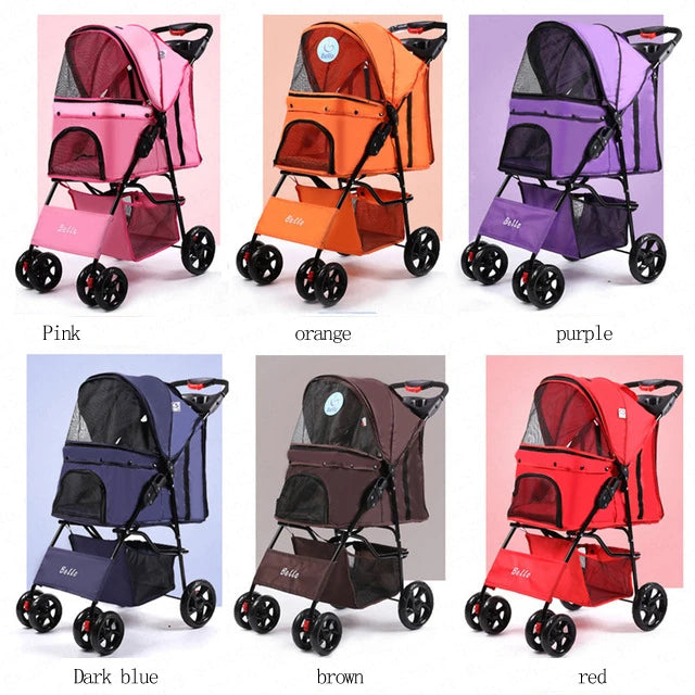 Four Wheel Oxford  Pet Stroller, for Cat, Dog and More, Foldable Carrier Strolling Cart  with Rain Coat 15kg Bearing 6 Colors