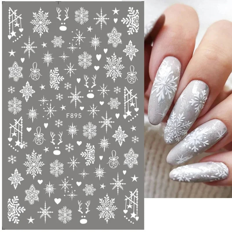 3D Snowflake Nail Art Decals White Christmas Designs Self Adhesive Stickers New Year Winter Gel Foils Sliders Decorations LAF895