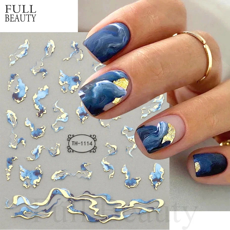 3D Golden Wave Line Nail Sticker Marble Blue Geometry Abstract Flowers Nail Art Sliders Decals Foils Manicure Decorations CHTH