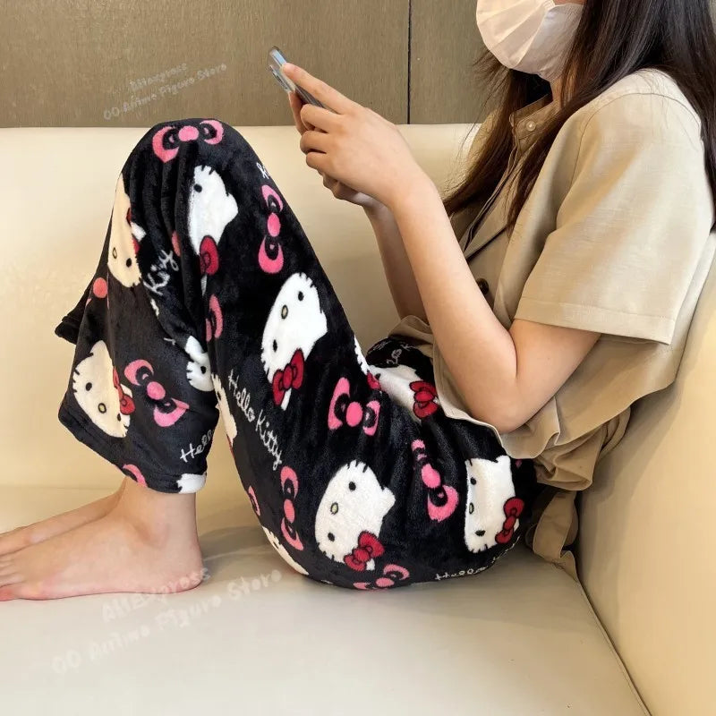 Sanrio Hello Kitty Pajamas Black Anime Flannel Women Warm Woolen Whitecartoon Casual Home Pants Autumn Fashion Trousers Gifts