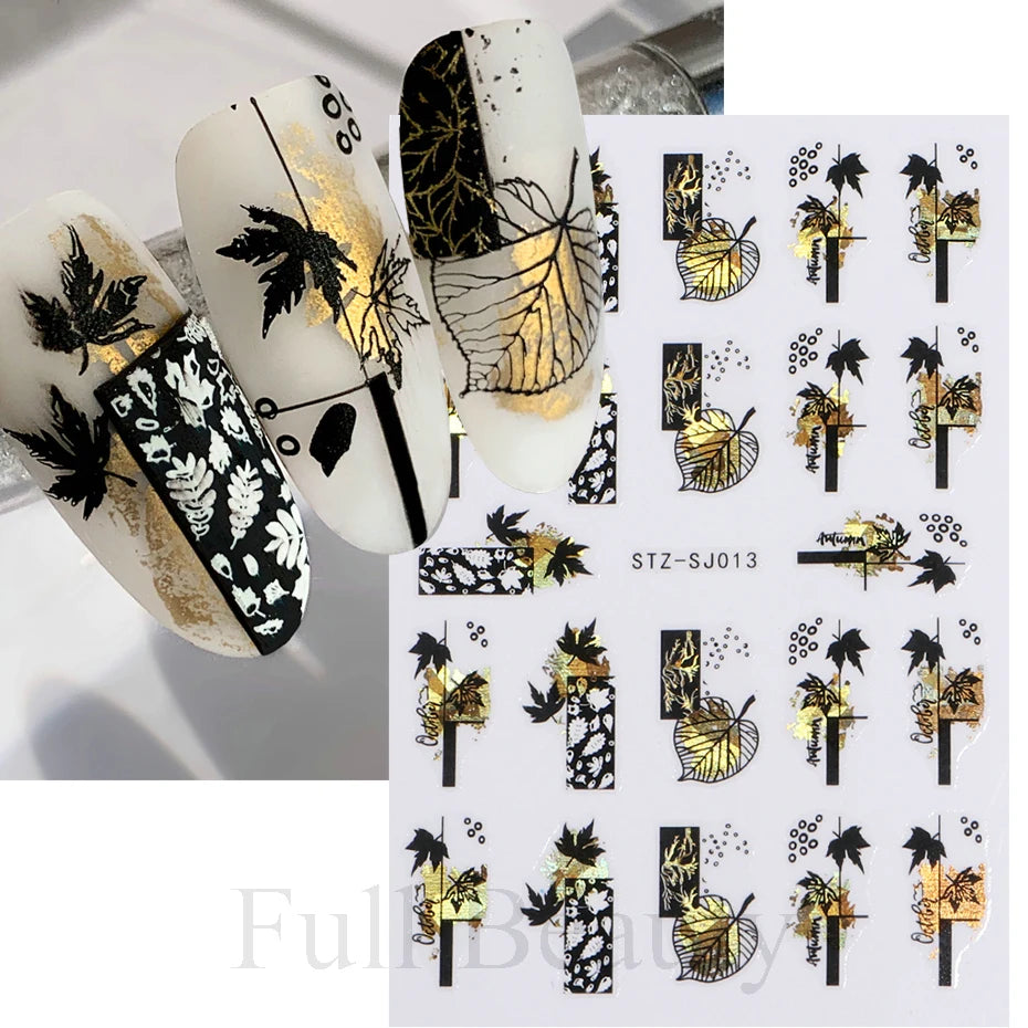 3D Fall Nail Stickers Gold Leaf Cotton Flowers Transfer Decals Nail Adhesive Sliders Manicure 2022 Autumn Decorations TRSTZ-SJ