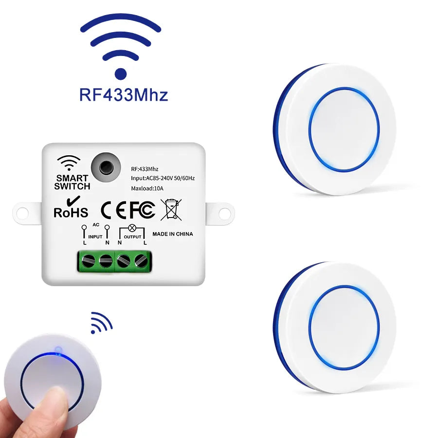 433MHz Wireless Remote Control Light Switch 10A 100-240V Relay Controller Mini Round Button Wall Panel Switch For Lighting Led