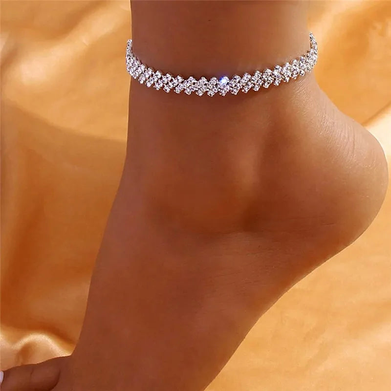 Shining Cubic Zirconia Chain Anklet for Women Fashion Silver Color Ankle Bracelet Barefoot Sandals Foot Jewelry
