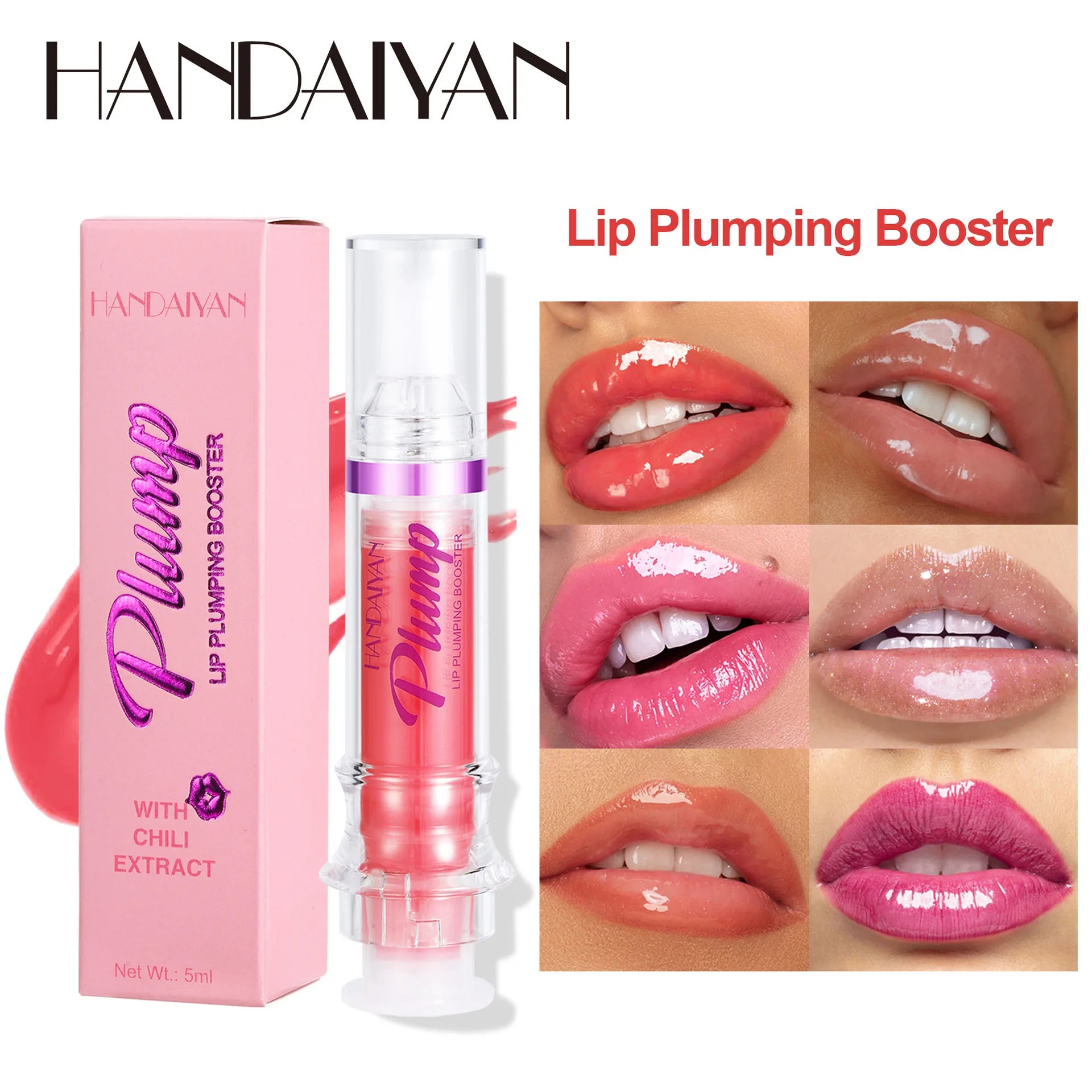 Handaiyan Lip Plumping Booster Sexy Plumper Glitter Red Nude Lipstick Liquid Waterproof Moisturize Oil Lipgloss Makeup