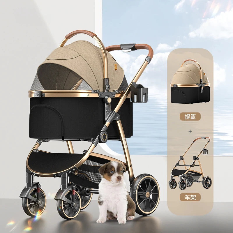 Multifunctional Detachable Pet Stroller Carrier Luxury Gold Dog Stroller for Large Dogs Cats Foldable Car Dog Carrier Bag Bed