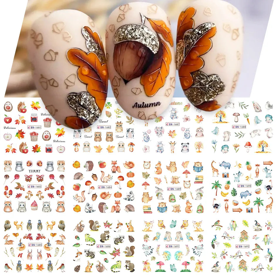 12pcs Hedgehog Animal Nail Water Stickers Pine Cones Gold Fall Design Watercolor Winter Manicure Transfer Sliders JIBN1681-1692