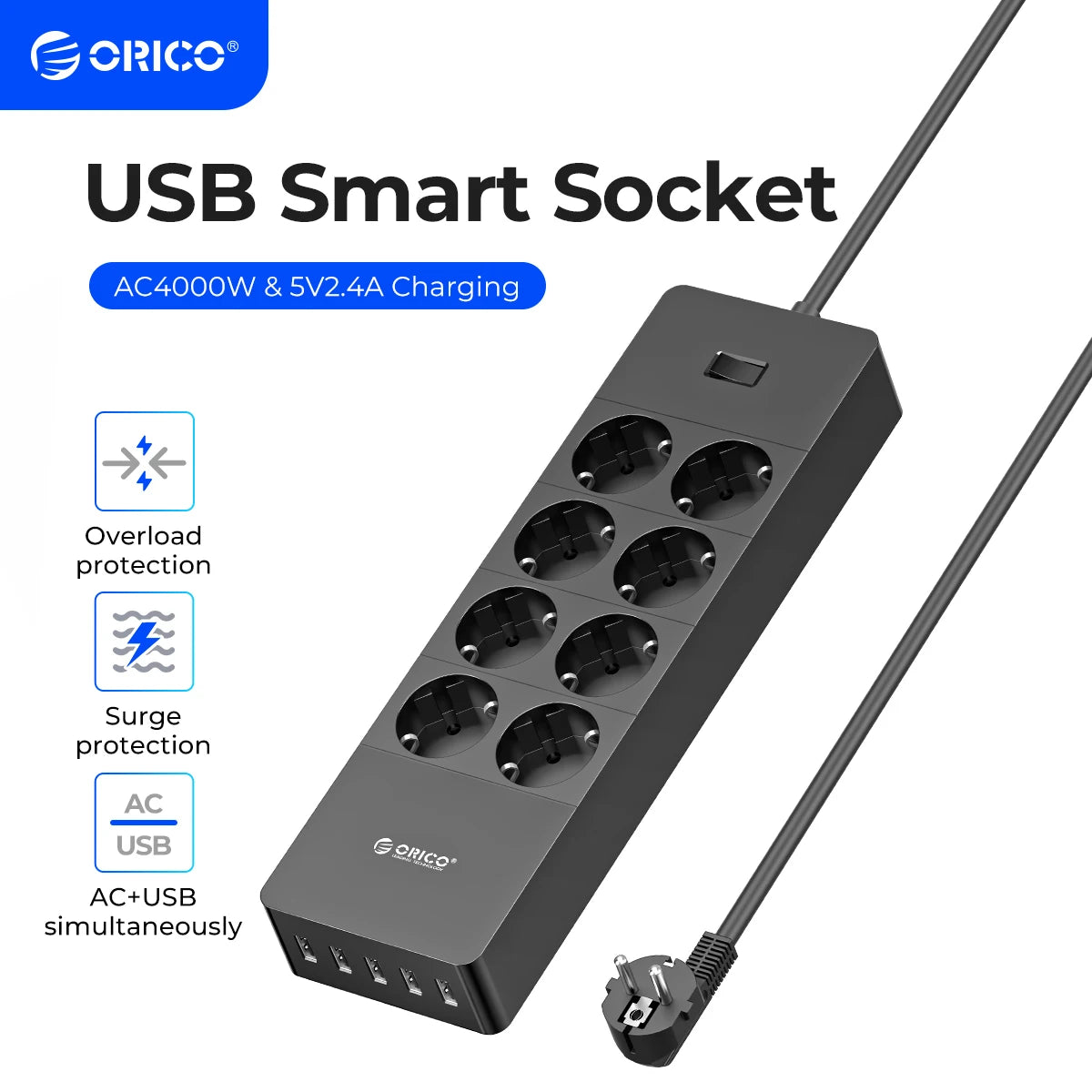 ORICO Power Strip with Extension Cable Electrical Sockets with USB Ports for Home Office Surge Protector Smart Network Filter