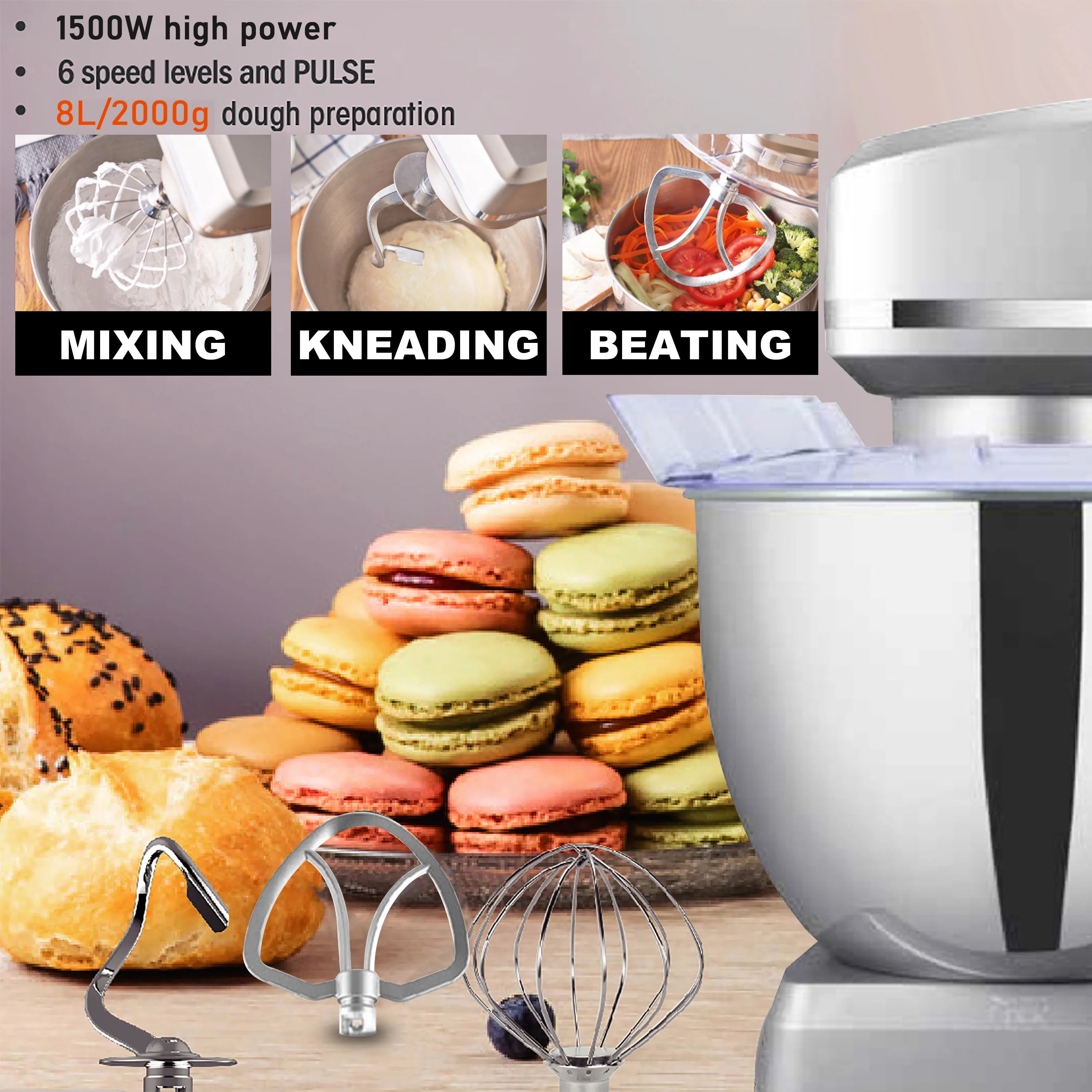 Sonifer 8L Stand Mixer Kitchen Aid Food Blender Cream Whisk Cake Dough Mixers With Bowl Stainless Steel Chef Machine Charm