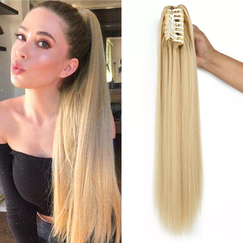 Synthetic Long Straight Claw Clip On Ponytail Hair Extensions 24Inch Heat Resistant Pony Tail Hair piece For Women Daily Party