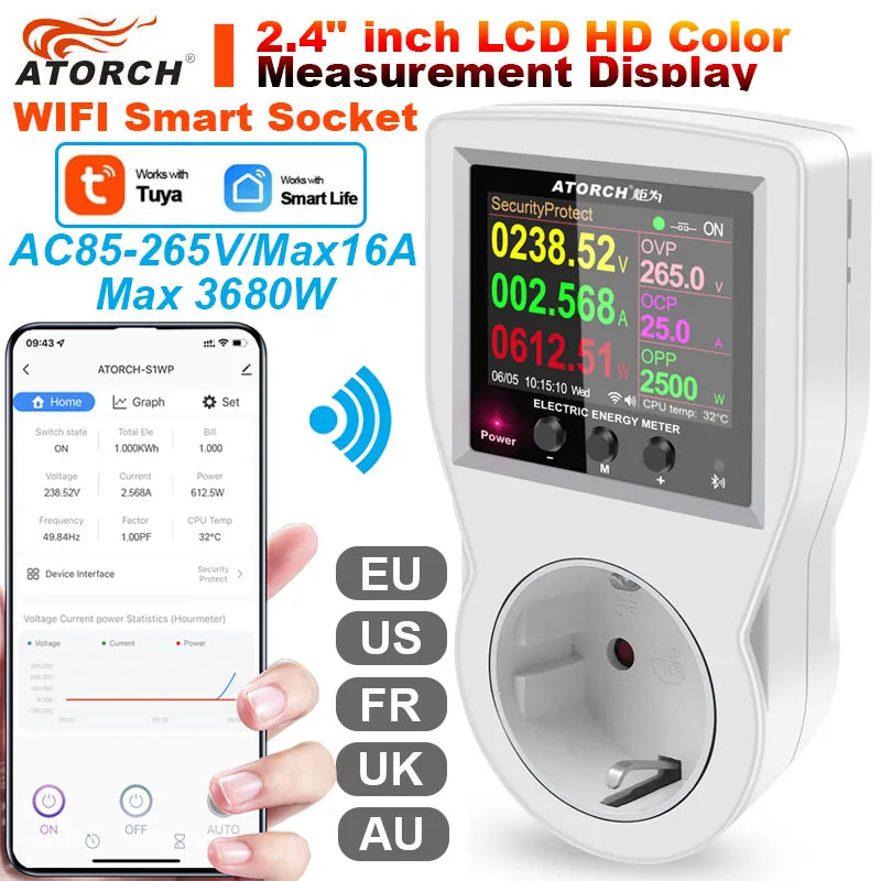 16A Tuya WIFI Smart Socket AC220V 110V Digital Wattmeter EU Plug  Electricity consumption Power KWH US AU FR Power Energy Meter