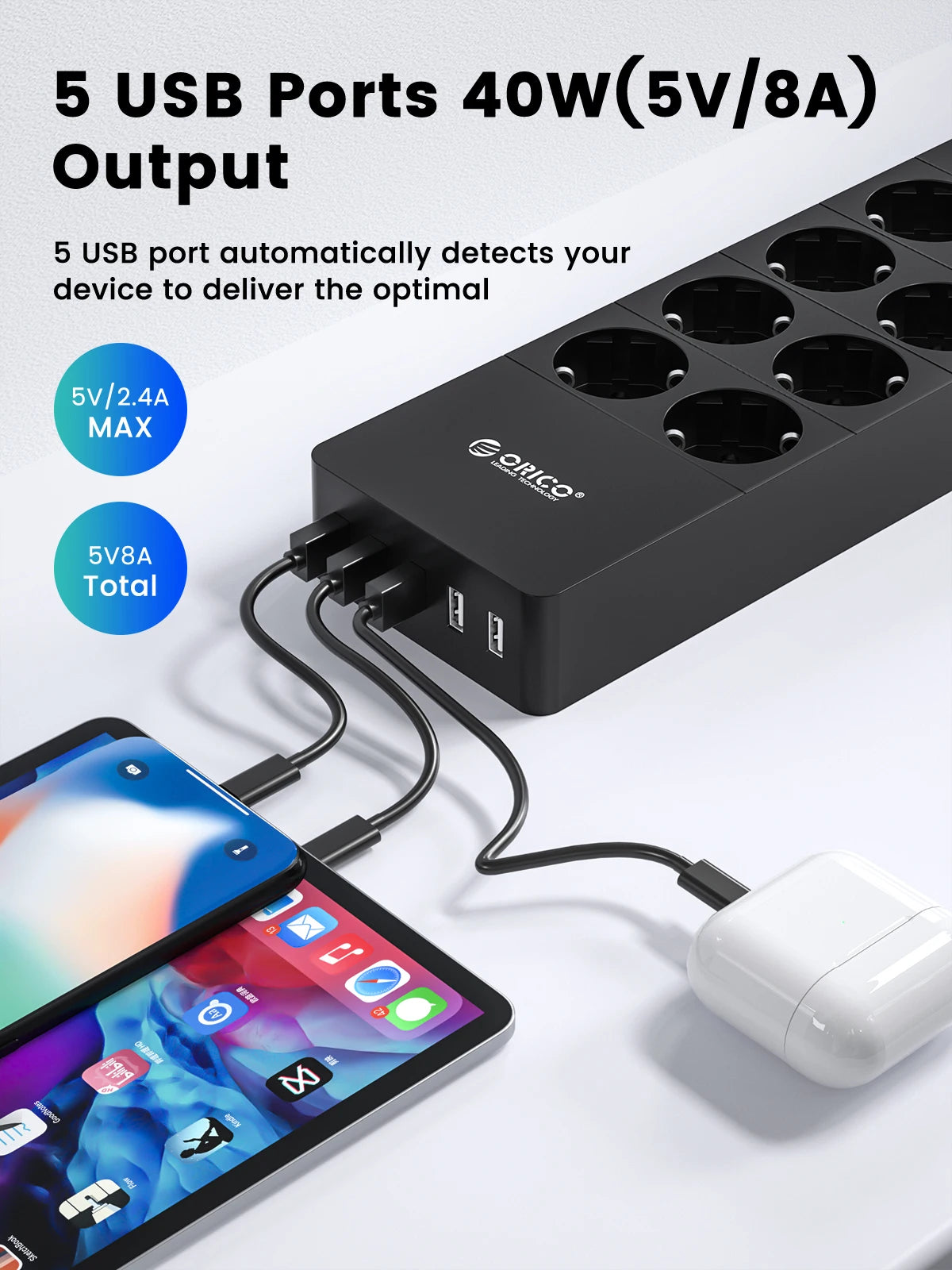 ORICO Power Strip with Extension Cable Electrical Sockets with USB Ports for Home Office Surge Protector Smart Network Filter