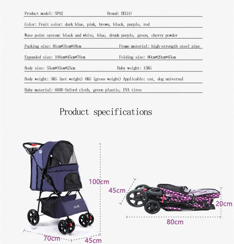 Four Wheel Oxford  Pet Stroller, for Cat, Dog and More, Foldable Carrier Strolling Cart  with Rain Coat 15kg Bearing 6 Colors