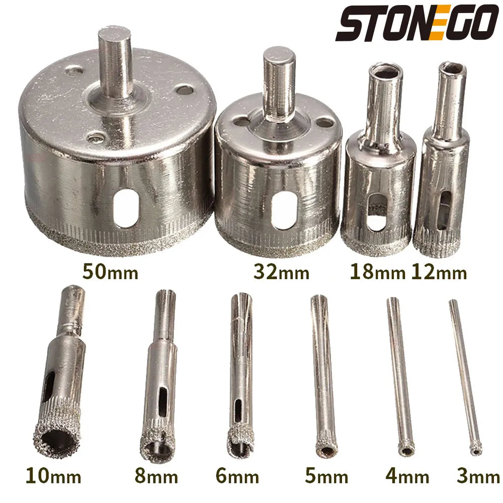 STONEGO 10PCS Diamond Coated Hole Saw Core Drill Bit Tile Marble Glass Ceramic Drill Bit Set 3mm-50mm