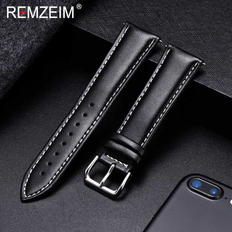 REMZEIM Calfskin Leather Watchband Soft Material Watch Band Wrist Strap 18mm 20mm 22mm 24mm With Silver Stainless Steel Buckle