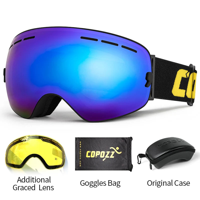 COPOZZ brand ski goggles 2 layer lens anti-fog UV400 day and night spherical snowboard glasses men women skiing snow goggles Set