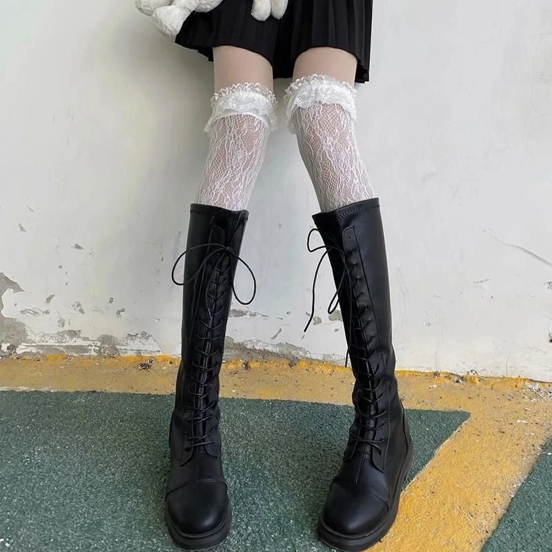 Sexy Japanese Style Stockings Lolita Bowknot Fishnet Knee Socks Anti-Snagging Women Hollow Lace Stocking Fish Net Pantyhose