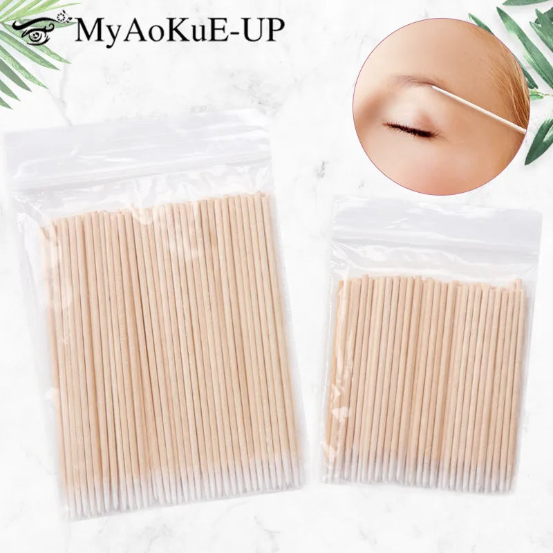 Disposable Ultra-small Cotton Swab 100pcs Lint Free Micro Brushes Wood Cotton Buds Swabs Eyelash Extension Glue Removing Tools