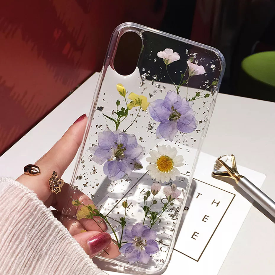 Qianliyao Dried Flower Silver foil Phone Cases For iPhone 15 14 13 12 11 Pro Max XS Max XR X 6s 7 8 Plus SE Soft Silicone Cover